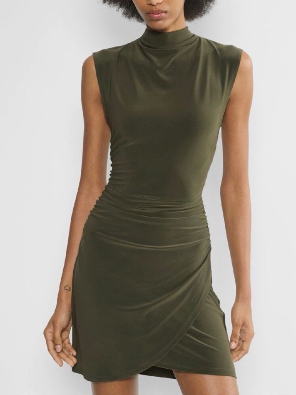 Aritzia Wilfred Boulevard Mockneck Ruched Wrap Mini Dress Olive New NWOT - Picture 11 of 11